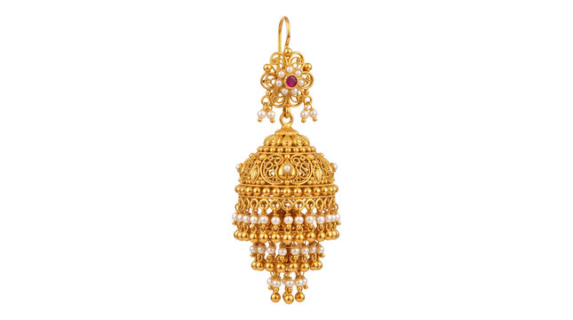 Traditional Indian gold jhumka earring with pearls, ornate 22k gold bridal jewelry, ethnic bell shaped earring with ruby gemstone and filigree isolated PNG with Transparent Background