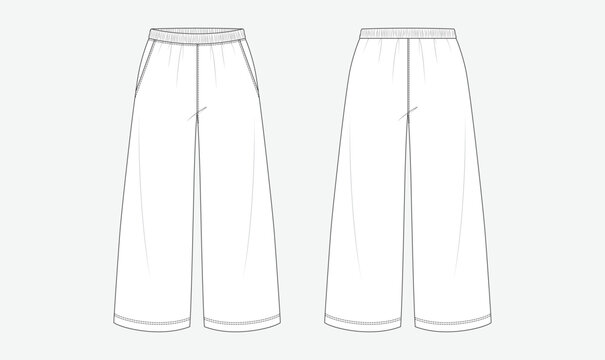 Women&rsquo;s jogger pants Fashion Technical flat sketch, elastic waistband for comfort and ease of wear, wide-leg trousers, front and back view vector illustration.