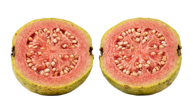 Fresh pink guava halves with seeds, ripe tropical fruit cross section, organic sweet guava slices for healthy food concepts and juice packaging isolated PNG with Transparent Background