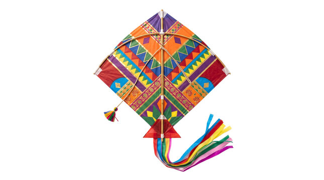 Traditional Indian fighter kite with colorful geometric patterns, handmade paper patang for Makar Sankranti festival, vibrant flying toy with long streamers isolated PNG with Transparent