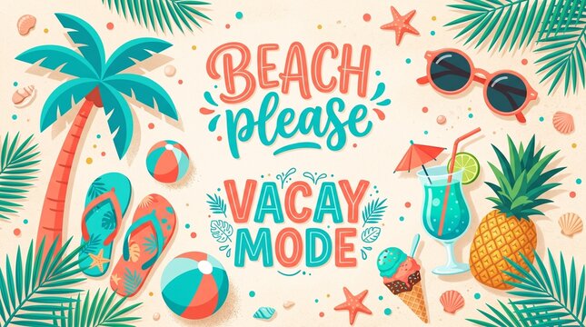Beach Please Vacay Mode summer illustration with palm trees and tropical elements. Vibrant vacation background with pineapple, cocktail, and sunglasses. Sunny beach holiday seasonal wallpaper.