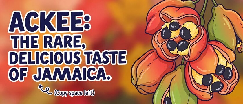 Digital illustration of ripe ackee fruit pods on a branch with visible seeds and yellow flesh, positioned against an orange blurred background with text and copy space.