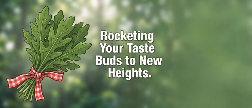 Fresh bundle of rocket arugula leaves tied with a red checkered ribbon bow over a blurred green nature background with text about taste buds and healthy organic salad greens.