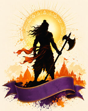 Silhouette of warrior with axe against a golden sun and cityscape