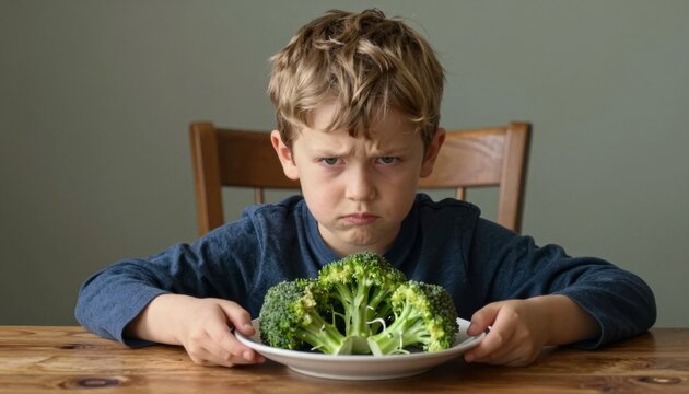 Upset Little Boy Refusing to Eat His Broccoli