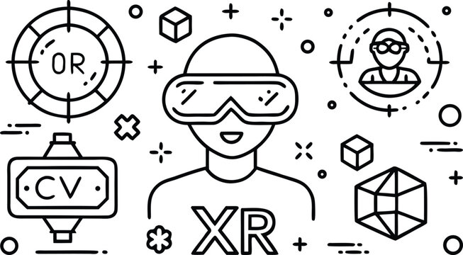 Xr headset, virtual user interaction, and arcv symbols line reality