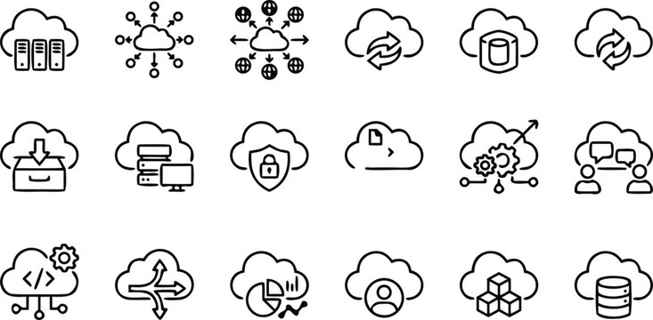 Black line set of cloud computing, servers, and data network