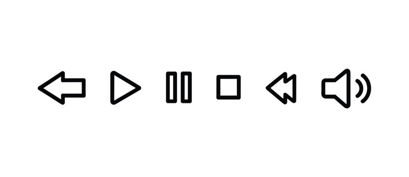 Multimedia Player Controls: A clean, minimalist set of icons representing common multimedia playback functions: previous, play, pause, stop, rewind, and volume.