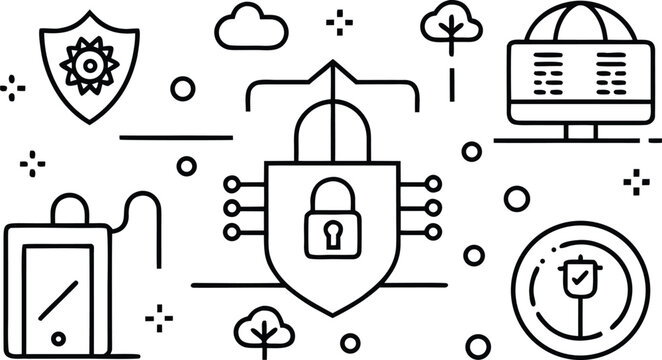 Cybersecurity with shield, padlock, cloud, and computer screen