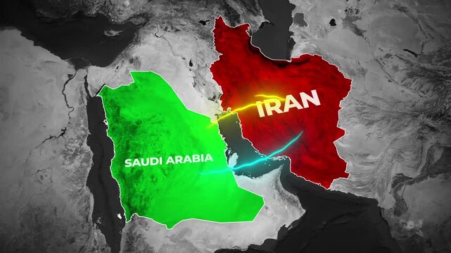 3D animated map of the Middle East highlighting geopolitical tensions between Saudi Arabia and Iran