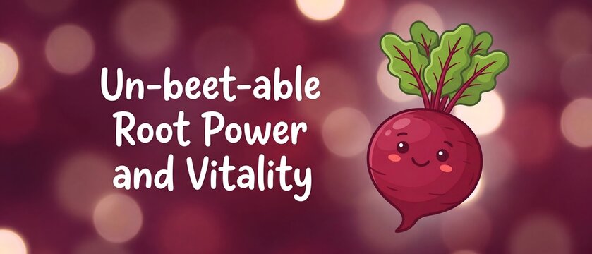 Cute cartoon beetroot character with a smiling face and green leaves on purple bokeh background with a pun about root power and vitality for healthy vegetable ads.