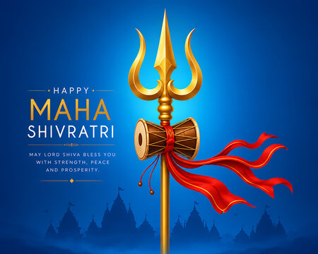 Golden Trident And Drum Religious Illustration With Temple Silhouette And Blue Sky