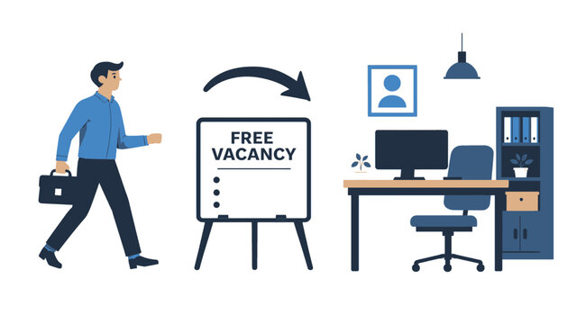 Employee leaving job with free vacancy sign. Staff turnover and recruitment concept.