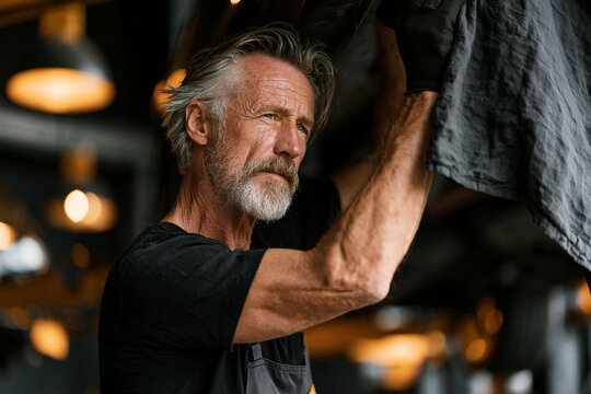 Man working with fabric in a workshop during daylight in a busy studio setting