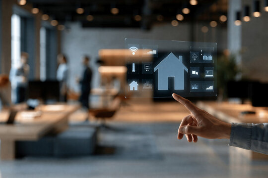 Display of digital controls in a modern office setting with a person interacting with a transparent screen