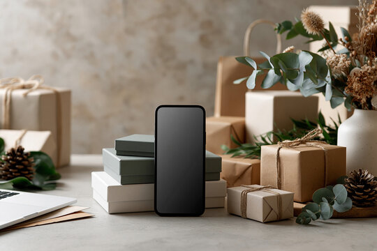 Gifts and phone on table with natural decor in cozy indoor space during afternoon light