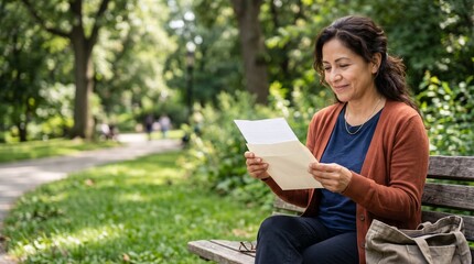 Fototapeta premium A Woman Reads a Letter in a Park: A middle-aged woman with a warm smile sits on a park bench, engrossed in reading a letter.