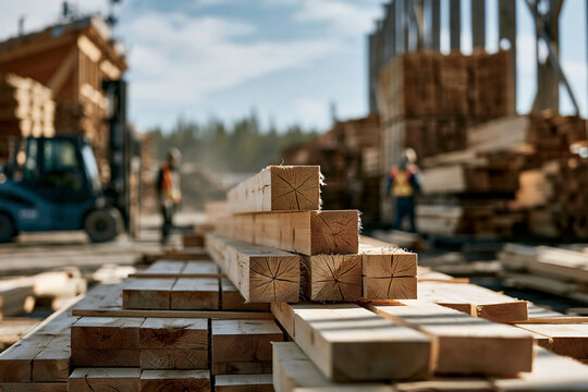 Construction site shows stacked lumber and workers handling materials during daylight