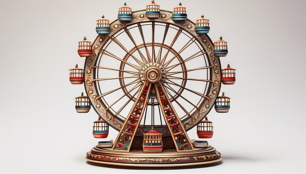 antique miniature ferris wheel toy with ornate gondolas and decorative wheel spokes isolated on a white background