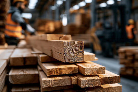 Workers handle wooden planks inside a lumber yard during the daytime