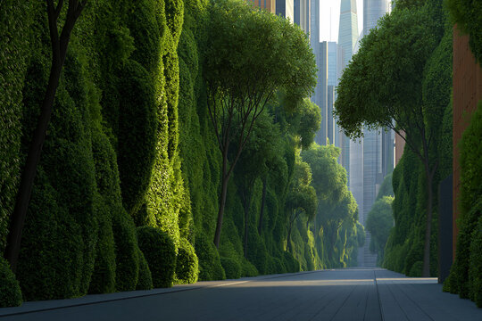 Green trees line a modern city street with tall buildings in the background during daylight
