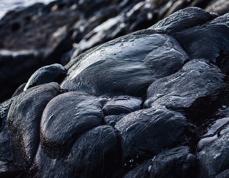 abstract macro texture of dark wet volcanic rock on a sea coastline