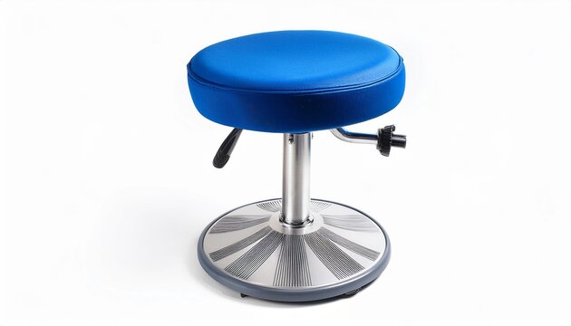 adjustable height rolling stool with blue seat and silver base on white background isolated on a white background