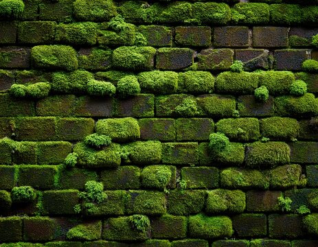 old weathered brick wall completely covered with thick green moss