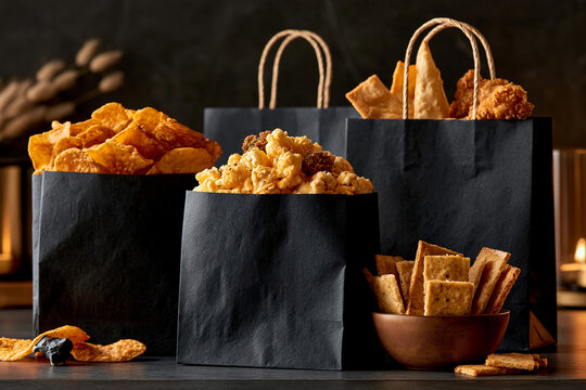 Snack bags full of chips, popcorn, and crackers ready for a party at home in the evening