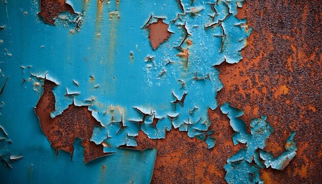 vintage background of deeply rusted iron plate with flaking blue paint