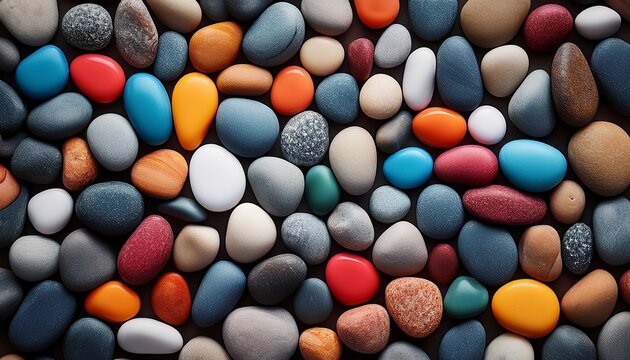 smooth river stones and colorful pebbles top view texture background