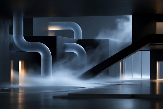 Modern building model with pipes and fog in a dark room