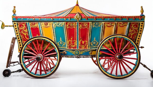 antique colorful circus wagon with ornate detailing and vibrant spoked wheels isolated on a white background