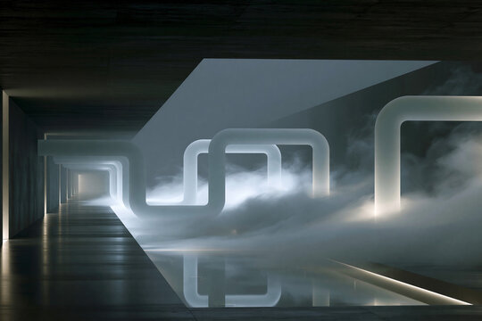 Lighting and mist create shapes in modern space at night