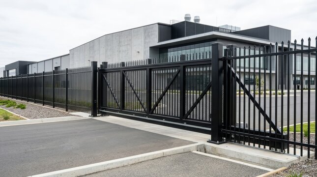 Black metal sliding industrial gate installed at entrance of manufacturing plant. Modern commercial perimeter fencing for secure facility.