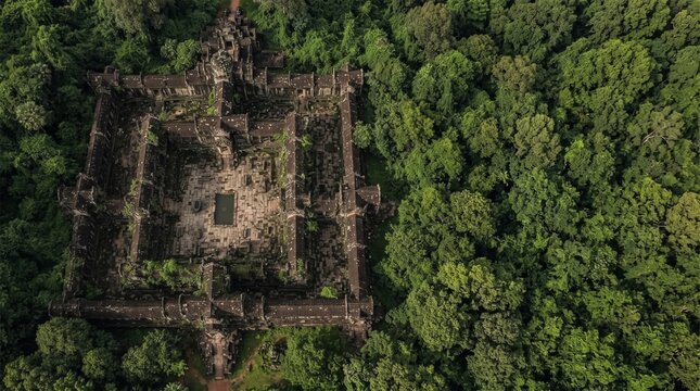 Aerial view of an ancient Khmer temple complex surrounded by dense green jungle canopy