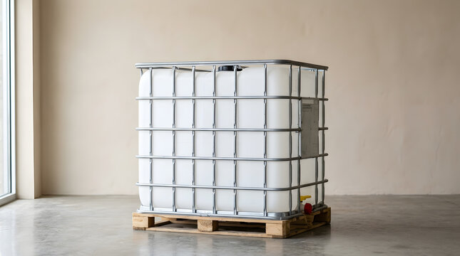 White industrial IBC tank container in metal cage on wooden pallet