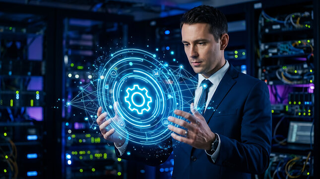 Businessman interacting with a glowing circular interface in a server room setting