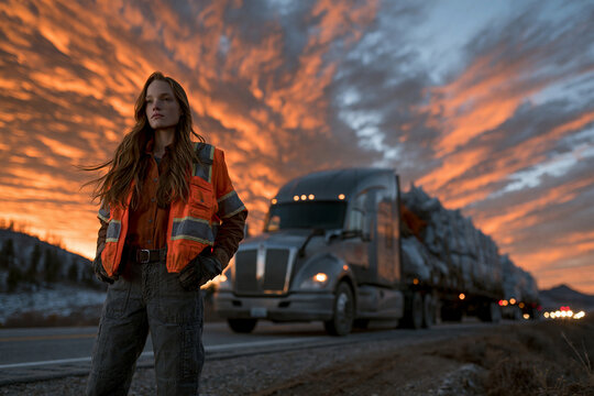 Truck driver stands beside a large truck at sunset with colorful clouds in the background