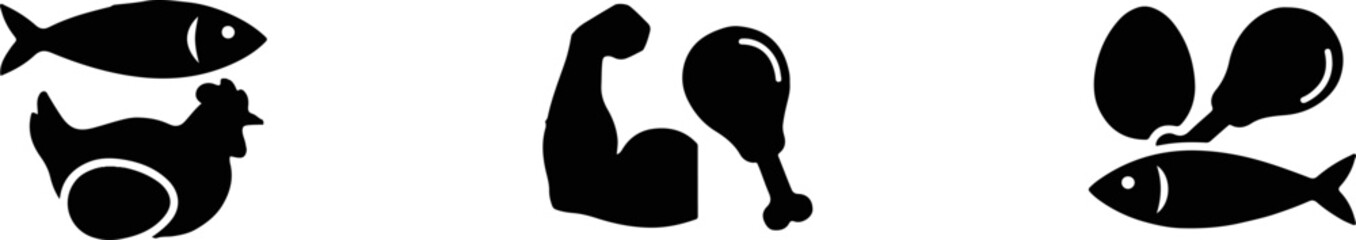 Obraz premium Nutritional food including fish chicken leg and muscle arm for healthy diet concepts
