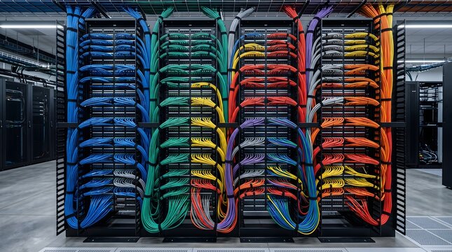 An Organized Network Patch Panel Wall With Neatly Routed Color Coded Cables and Ports in a Data Center Illustrating Structured Cabling Management Technology Infrastructure