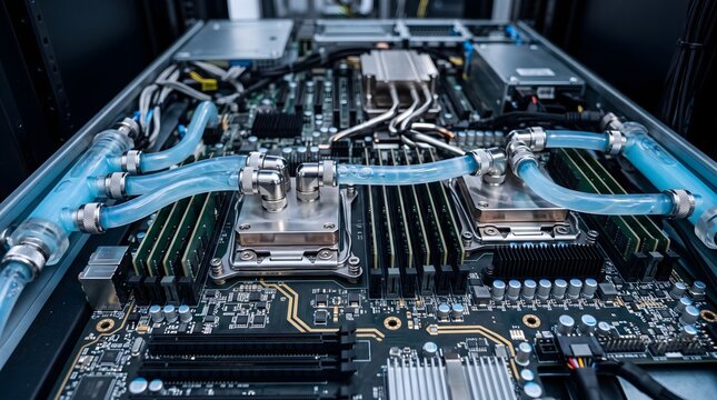Close Up of a Server Motherboard Fitted With Liquid Cooling Cold Plates and Tubing Over the Processors in a High Performance AI Computing System Technology Detail
