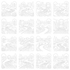 Obraz premium Garden path coloring book pages, set of 16 landscape line art illustrations, winding stone walkway vector sketches for adult relaxation and hobby