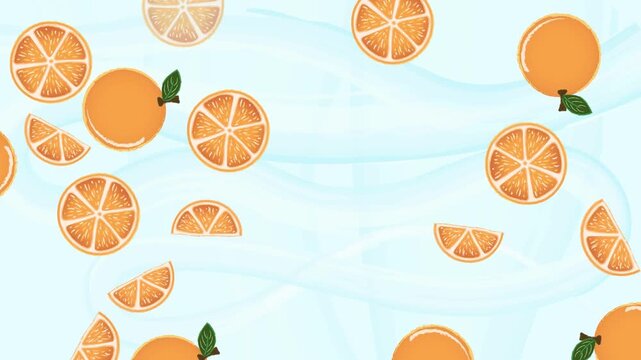 Whimsical oranges on summer  with blue water splashes background, motion graphic with dynamic appearance and disappearance loop. Hand drawn oranges orange fruit and blue background for summer ad