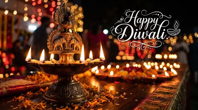 Beautiful glowing oil lamps arranged for the traditional indian festival of diwali celebration at night