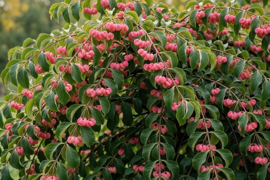 Euonymus europaeus shrub with bright pink hanging fruits grows in autumn park. Deciduous plant branches feature ornamental capsules, green leaves outdoors. Close up view of common spindle bush