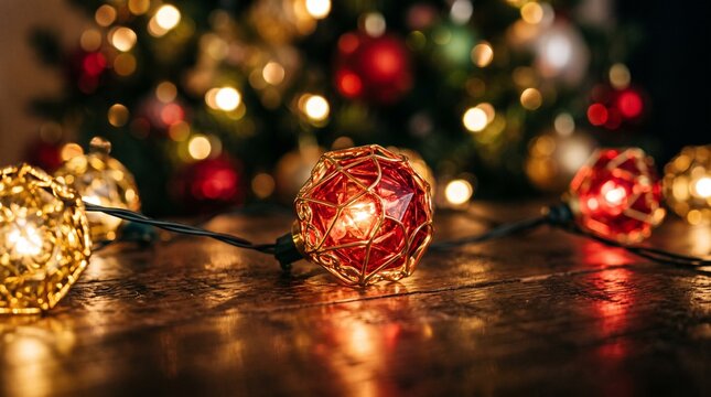 Glowing decorative string lights on a wooden surface for diwali festival celebration and home holiday background