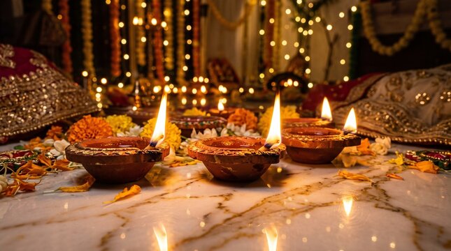 Traditional clay oil lamps glowing during the beautiful indian festival of diwali celebration with bokeh background lights