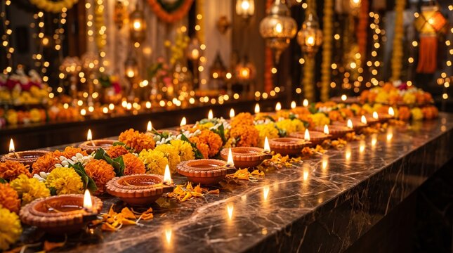 Traditional clay oil lamps glowing on a decorated table for the beautiful indian festival of diwali celebration