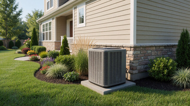 Residential central air conditioning unit stands on concrete pad near house with beige siding, stone wall. Green lawn surrounds HVAC machine in sunny backyard. Modern exterior cooling system provides